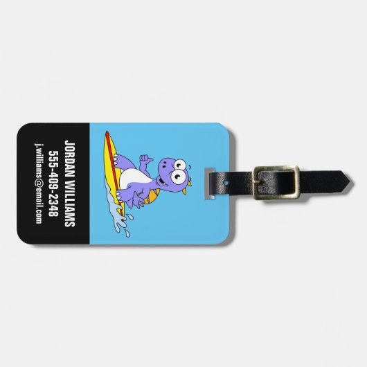 Illustration eines surfenden Spinosauriers. Gepäckanhänger (Vorderseite horizontal)