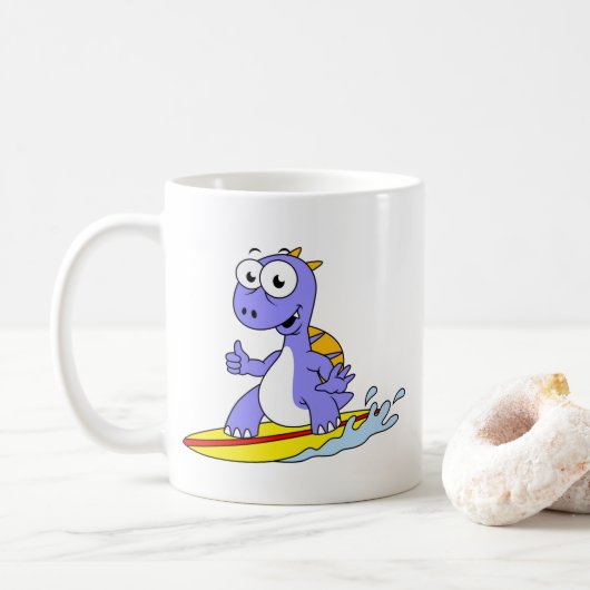 Illustration eines surfenden Spinosauriers. Kaffeetasse (Mit Donut)
