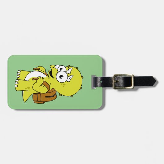 Illustration eines Triceratops mit Backpack. Gepäckanhänger (Vorderseite horizontal)