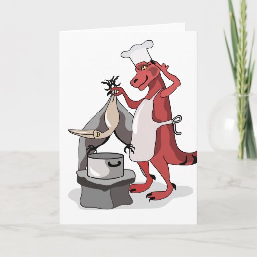 Illustration eines Tyrannosaurus Rex Koch Cooking. Karte (Vorderseite)