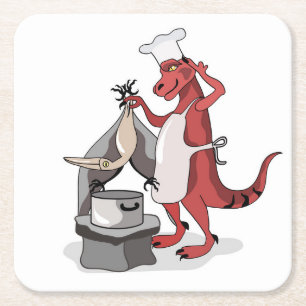 Illustration eines Tyrannosaurus Rex Koch Cooking. Rechteckiger Pappuntersetzer