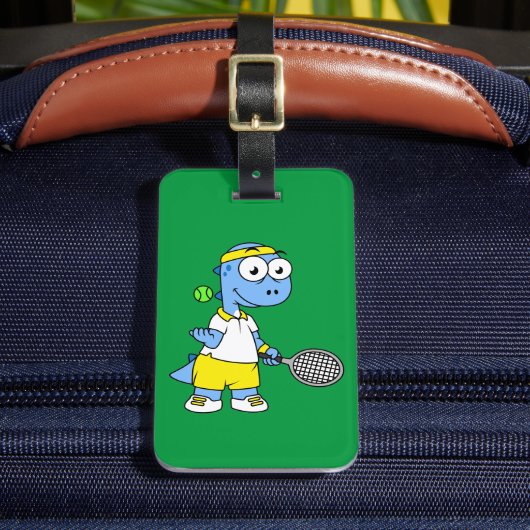 Illustration eines Tyrannosaurus Rex Tennis Player Gepäckanhänger (Vorderseite Insitu 2)