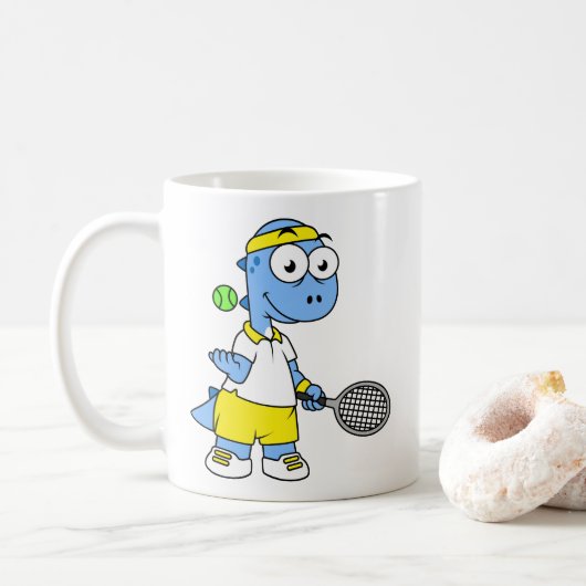 Illustration eines Tyrannosaurus Rex Tennis Player Kaffeetasse (Mit Donut)