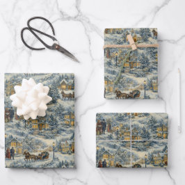Illustration eines viktorianischen Schneedorfs zu  Geschenkpapier Set