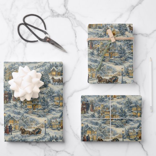Illustration eines viktorianischen Schneedorfs zu  Geschenkpapier Set (Vorderseite)