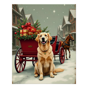 Illustration eines Vintage Golden Retriever Weihna Poster