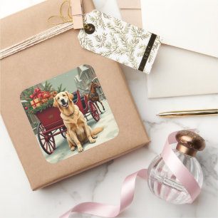 Illustration eines Vintage Golden Retriever Weihna Quadratischer Aufkleber