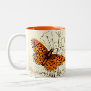 Illustration eines Vintage-Schmetterlings, Orange Zweifarbige Tasse