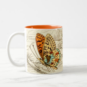 Illustration eines Vintage-Schmetterlings, Orange Zweifarbige Tasse
