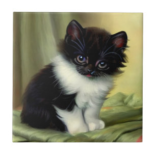 Illustration eines Vintage-Tuxedo-Kätzchens Fliese