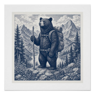 Illustration eines Vintage-Wanderbären Poster