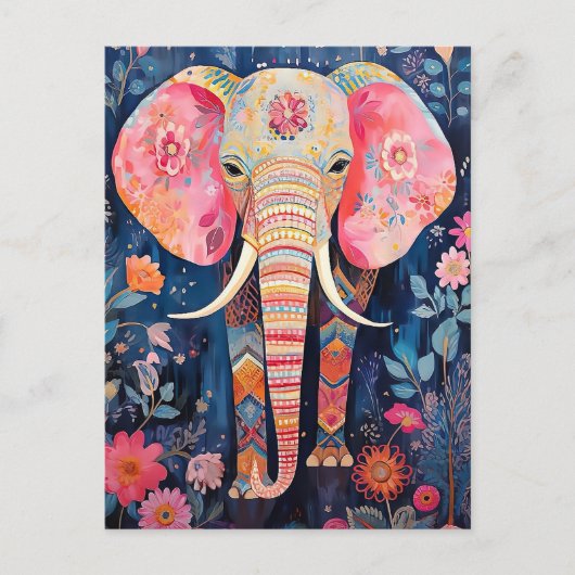 Illustration Elefant mit Blumen Postkarte (Vorderseite)