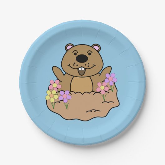 Illustration Groundhog mit Blume Pappteller (Vorderseite)