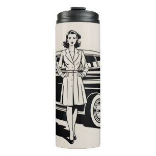 Illustration im Stil der 1940er Jahre von Frau und Thermosbecher