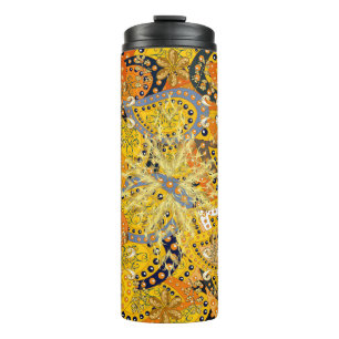 Illustration in den Farben Gelb, Orange und Braun. Thermosbecher