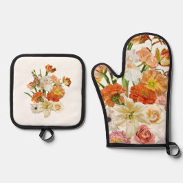 Illustration mit orangefarbenen und gelben Blumen. Ofenhandschuh & Topflappen-Set