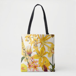 Illustration mit orangefarbenen und gelben Blumen. Tasche