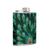 Illustration mit Pfau-Federn auf Schwarzem Flachmann (Rechts)