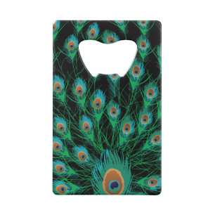 Illustration mit Pfau-Federn auf Schwarzem Geldbeutel Flaschenöffner