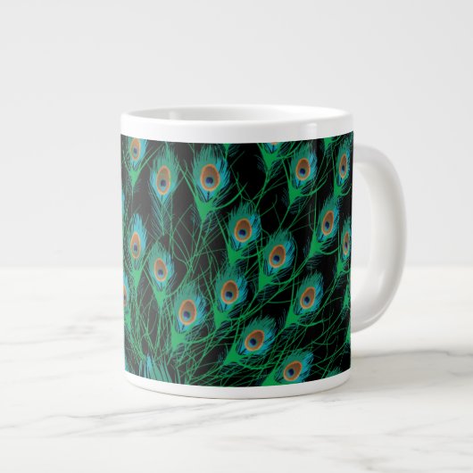 Illustration mit Pfau-Federn auf Schwarzem Jumbo-Tasse (Vorderseite Rechts)