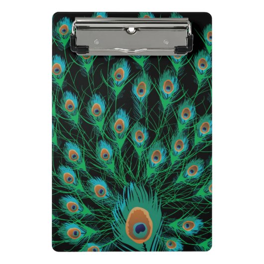 Illustration mit Pfau-Federn auf Schwarzem Mini Klemmbrett (Vorderseite)