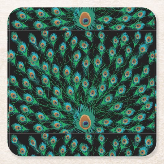 Illustration mit Pfau-Federn auf Schwarzem Rechteckiger Pappuntersetzer (Vorderseite)