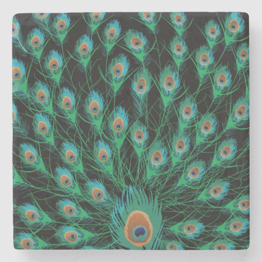 Illustration mit Pfau-Federn auf Schwarzem Steinuntersetzer (Vorderseite)