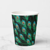 Illustration mit Pfauenfedern auf schwarz Pappbecher (Vorderseite)