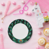 Illustration mit Pfauenfedern auf Schwarz Pappteller (Party)