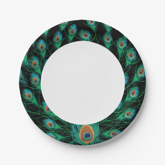 Illustration mit Pfauenfedern auf Schwarz Pappteller (Vorderseite)