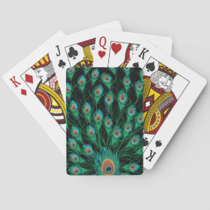 Illustration mit Pfauenfedern auf schwarz Spielkarten