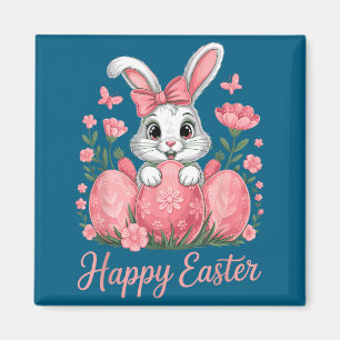 Illustration mit rosa Hasen, Eiern und Blumen Magnet