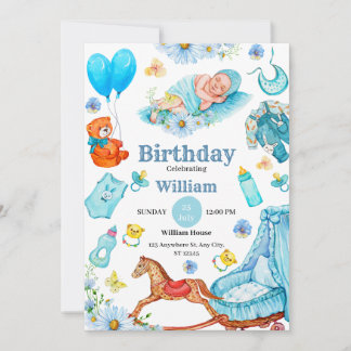 Illustration Neugeborener Adorable Blue Cartoon Ba Einladung
