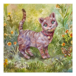 Illustration Niedlich Kitten Garden Butterfly Blum Poster