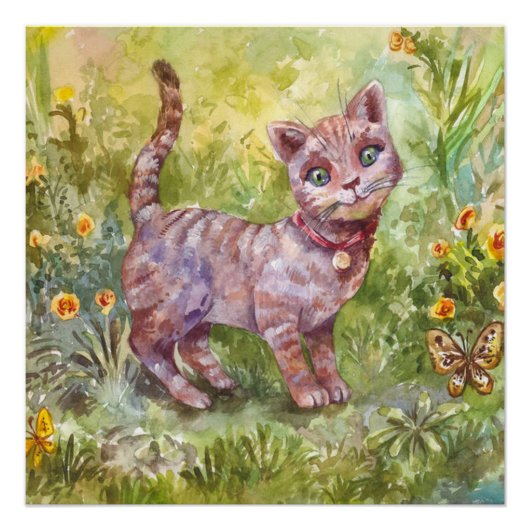 Illustration Niedlich Kitten Garden Butterfly Blum Poster (Vorderseite)