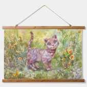 Illustration Niedlich Kitten Garden Butterfly Blum Wandteppich Mit Holzrahmen (Vorne)
