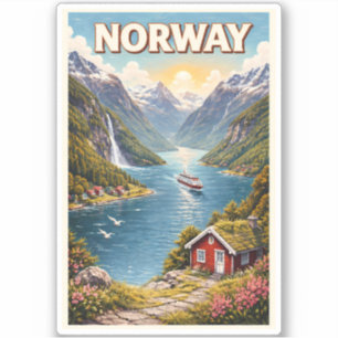 Illustration Norwegischer Fjord Reise Kunst Vintag Aufkleber