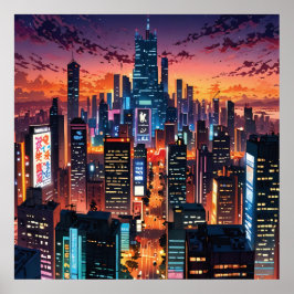Illustration of a big city at night poster
