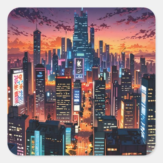 Illustration of a big city at night quadratischer aufkleber (Vorderseite)