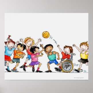 Illustration of a group of children including a poster