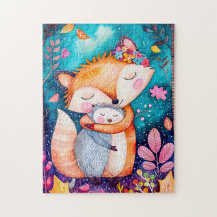 Illustration of fox hugging hedgehog in forest. puzzle