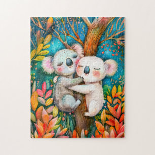 Illustration of koalas hugging in eucalyptus fores puzzle
