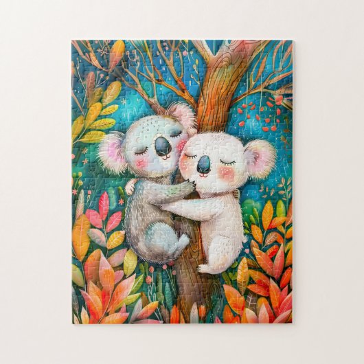 Illustration of koalas hugging in eucalyptus fores puzzle (Vertikal)
