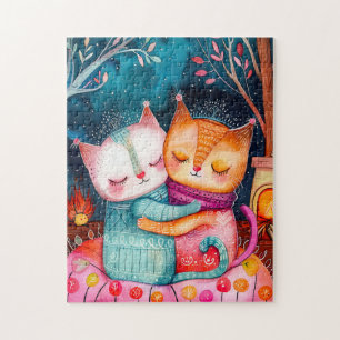 Illustration of two cats hugging in a cozy setting puzzle