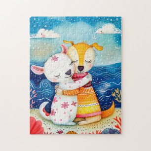 Illustration of two dogs playing at the beach puzzle