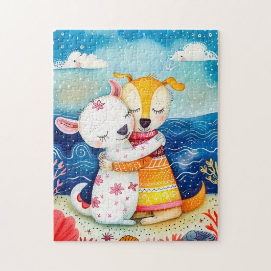 Illustration of two dogs playing at the beach puzzle (Vertikal)