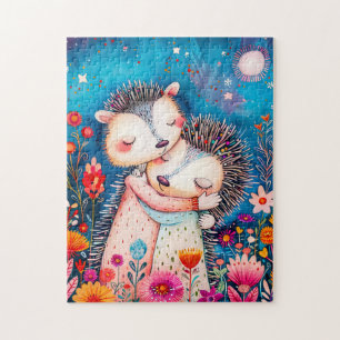 Illustration of two Hugging Hedgehogs in night at Puzzle