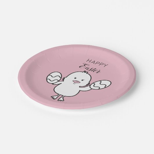 Illustration Pastel Pink Niedlich Osterküken & Eie Pappteller (Schrägansicht)