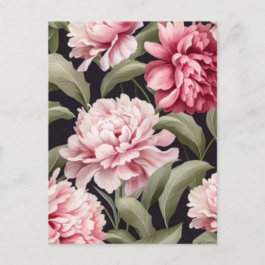 Illustration pink peony flowers with green leaves postkarte (Vorderseite)