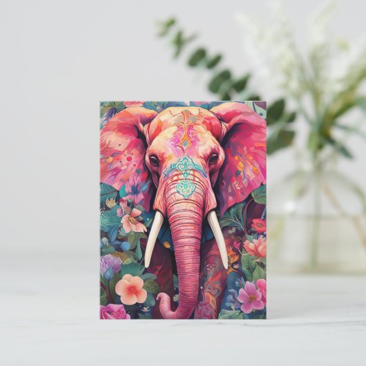 Illustration pinker Elefant mit Blumen Postkarte (Stehend Vorderseite)